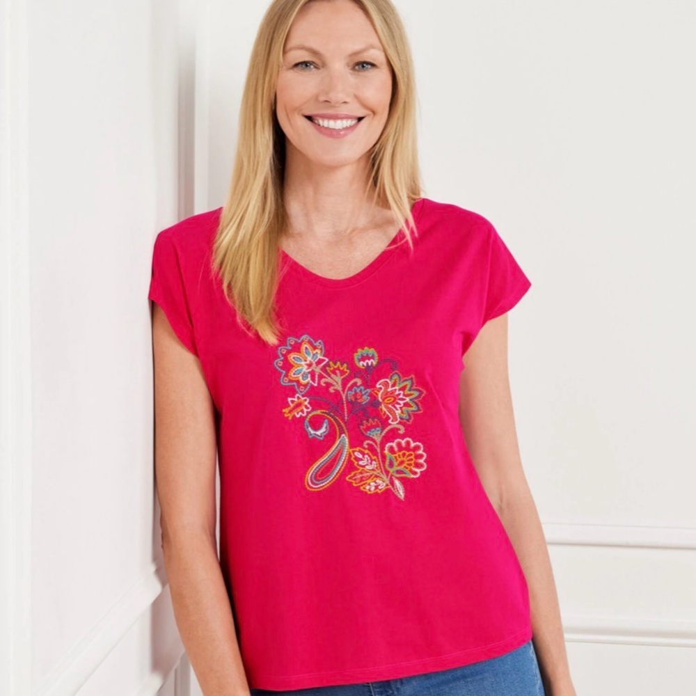Talbots Embroidered Floral V-Neck Tee - Hot Pink L
